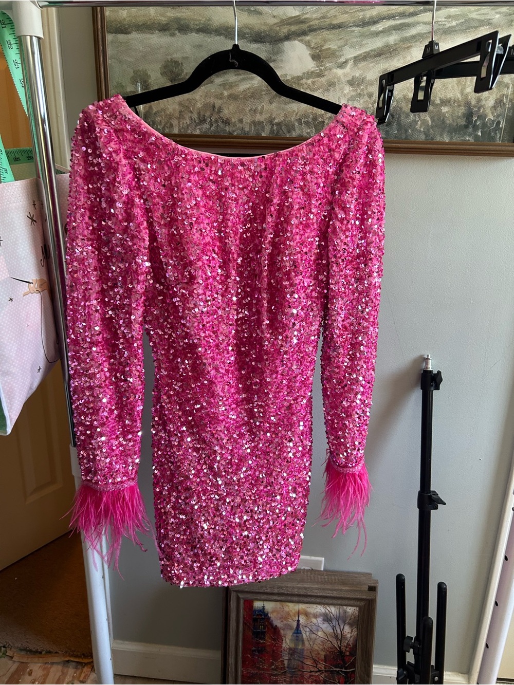 Hot Pink Sequin Mini Dress with Feather Cuffs